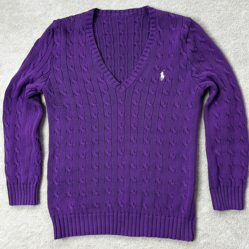 Polo Ralph Lauren Women's Medium Sweater Cable Knit VNeck White Purple Vintage